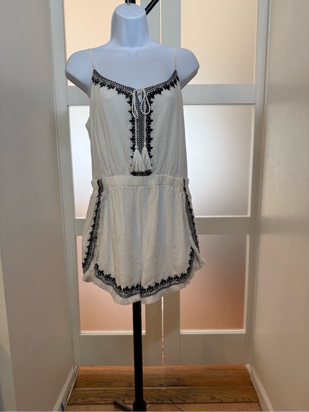Guess White Boho Romper with Black Embroidered Trim, M